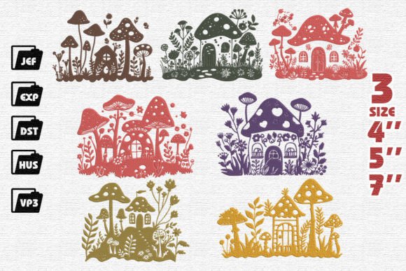 Set of 7 Mushroom House Embroidery